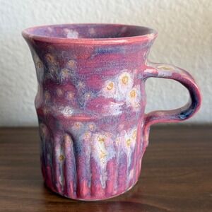 Studio Pottery Crystalline Glaze Mug Purple Pink Blue Fluted Handcrafted Ceramic